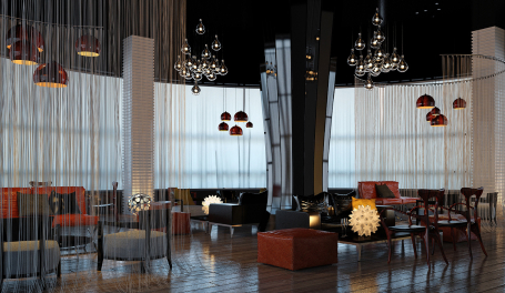 Restaurant, Hotel mit Design-Hängeleuchten